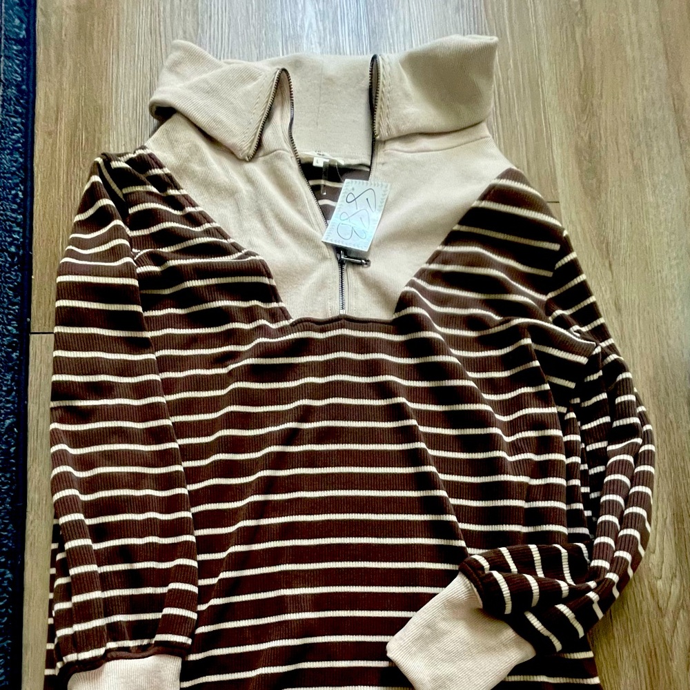 Beige and Brown Striped Zip-Up Pullover